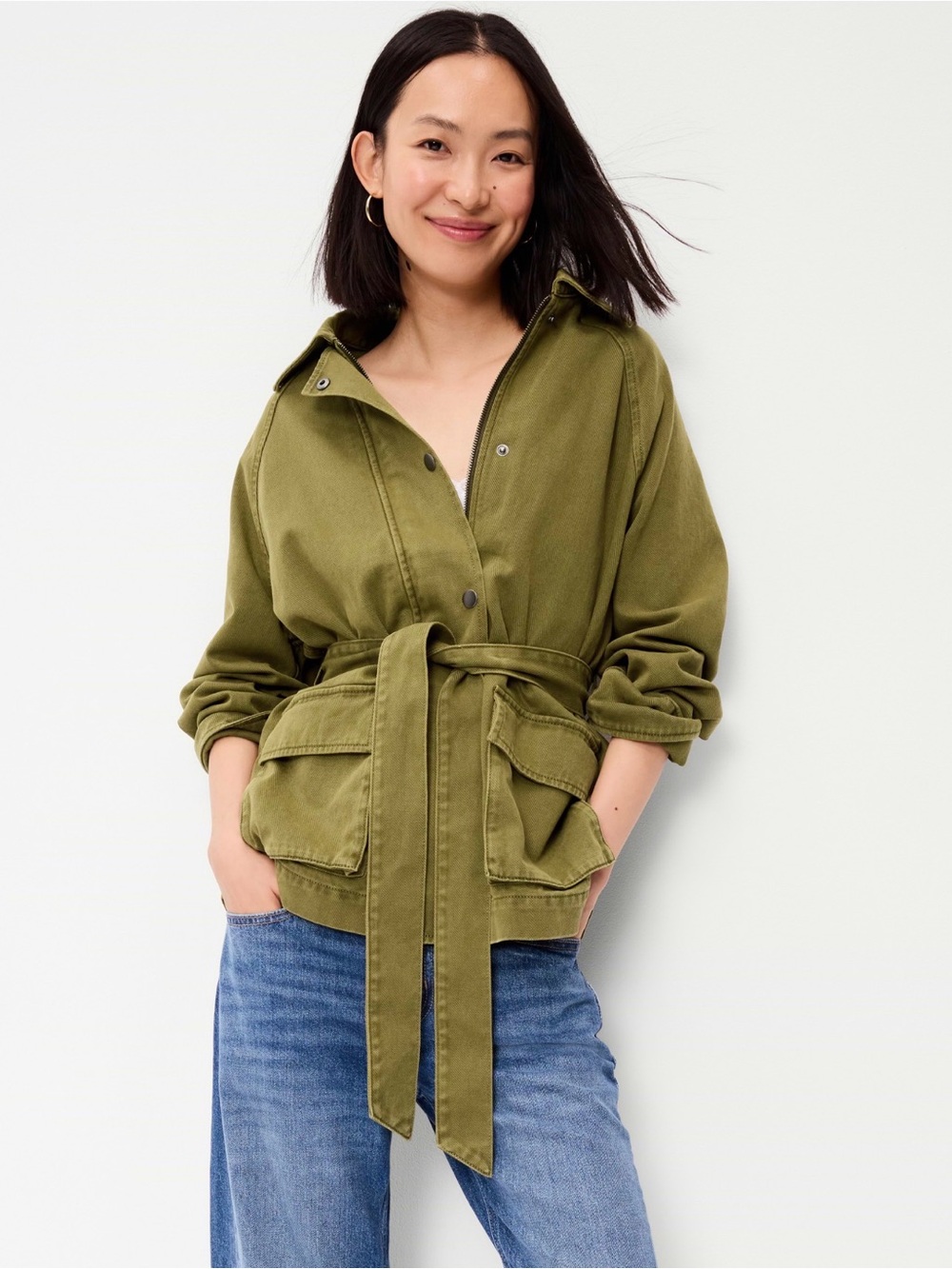Small Tall Old Navy Olive Utility Jacket with Waist Tie